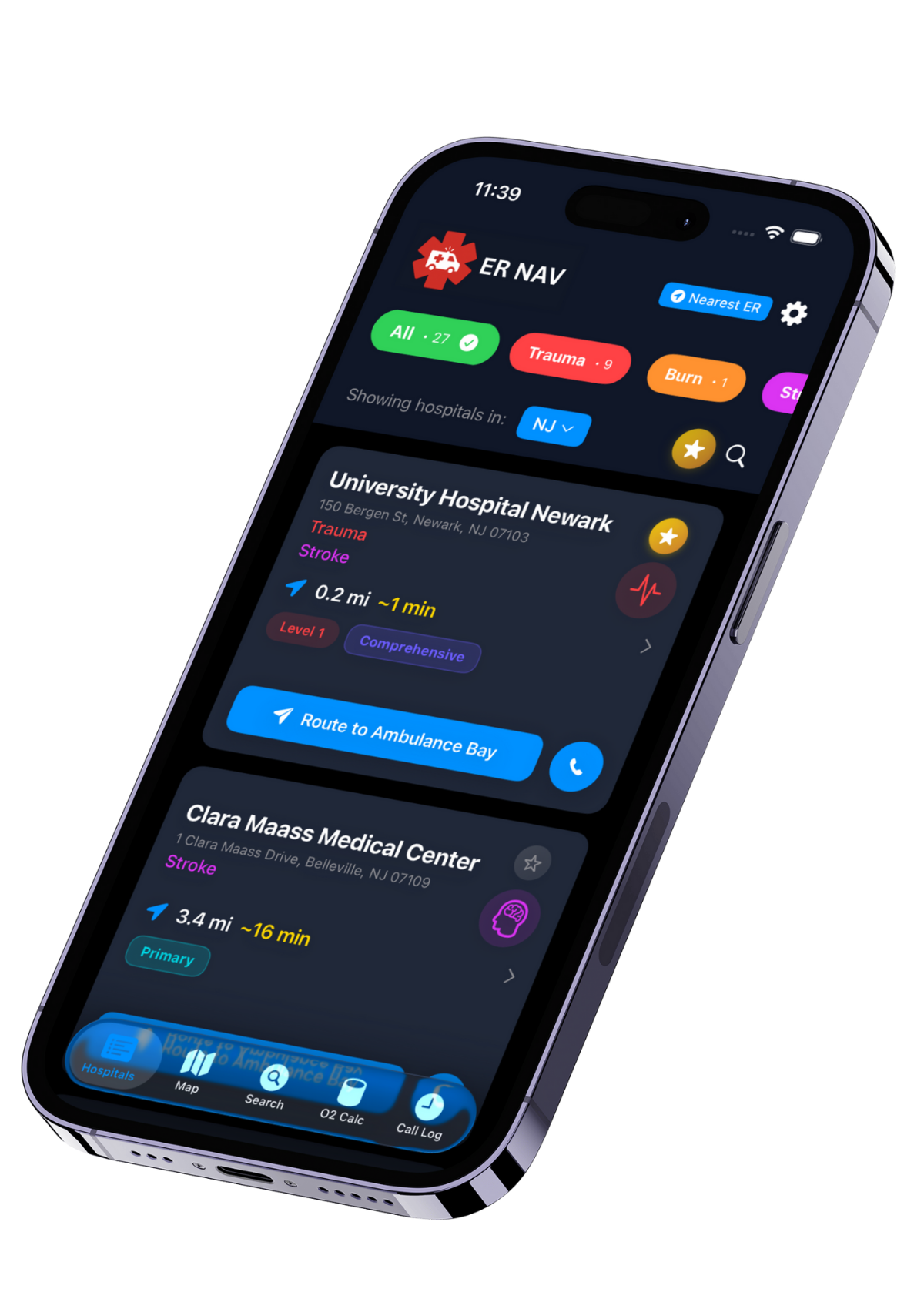 ER NAV app interface displaying hospital listings with University Hospital Newark and Clara Maass Medical Center, specialty filter buttons (All, Trauma, Burn, Stroke), distance and ETA information, Route to Ambulance Bay buttons, and bottom navigation tabs in a clean phone mockup