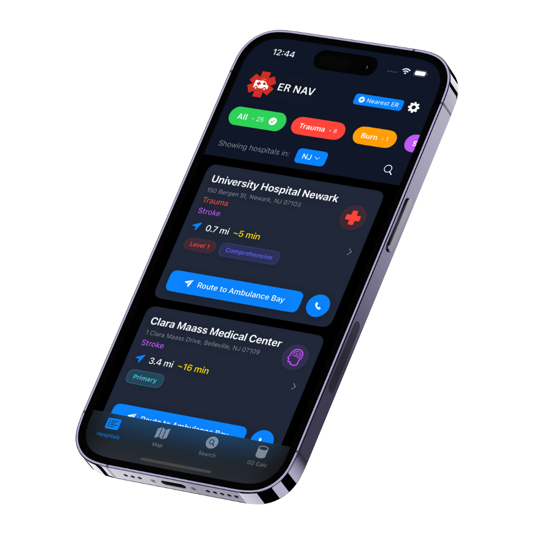 ERNAV App Interface - Hospital Navigation with University Hospital Network and Clara Maass Medical Center